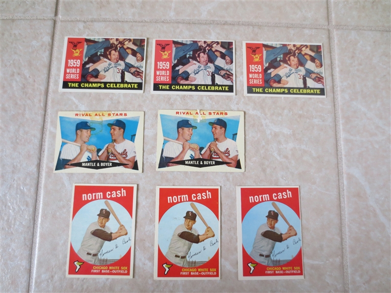 (8) 1959-60 Topps baseball cards including (2) 1960 Rival All Stars Mantle, (3) 1959 Norm Cash, (3) World Series