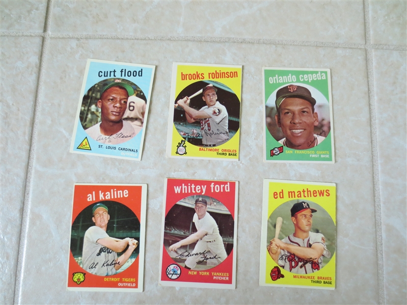 (6) 1959 Topps baseball cards: Brooks Robinson, Ford, Kaline, Mathews, Cepeda, Flood