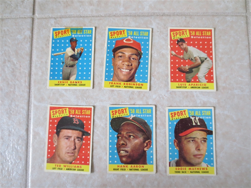(6) 1958 Topps Sport All Star baseball cards: Williams, Mathews, Aaron, Banks, Frank Roby, Aparicio