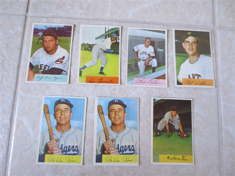 (7) 1954 Bowman Superstar baseball cards: (2) Reese, Feller, Fox, Newcombe, Wynn, Wilhelm 