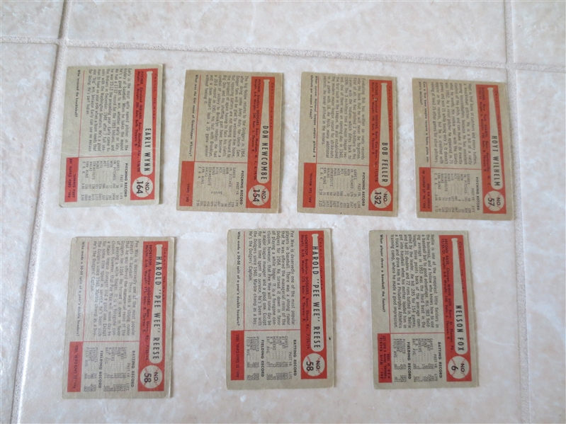 (7) 1954 Bowman Superstar baseball cards: (2) Reese, Feller, Fox, Newcombe, Wynn, Wilhelm 