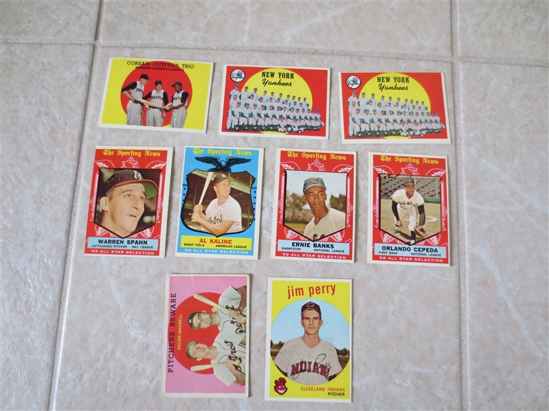 (9) 1959 Topps Superstar baseball cards: Kaline, Banks, Cepeda, Clemente, (2) Yanks team plus