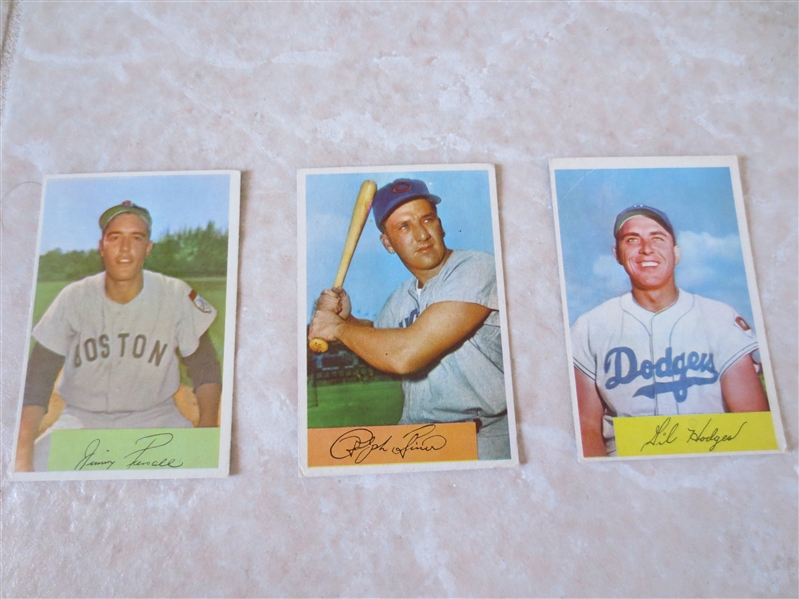 1954 Bowman baseball cards: Gil Hodges, Ralph Kiner, Jimmy Piersall