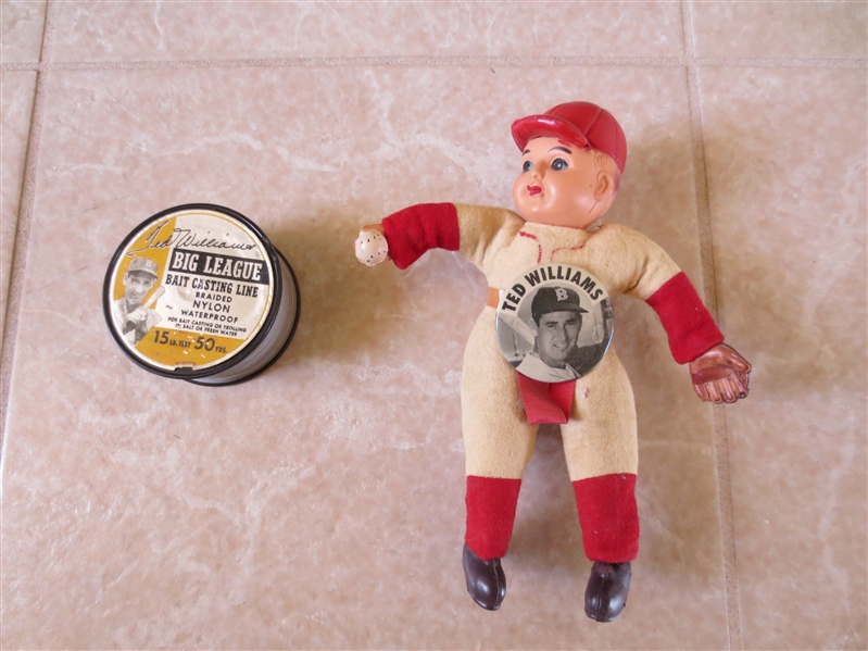 1950s Ted Williams Bait Casting Line + Ted Williams Doll and Pin