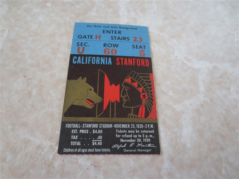 1939 CAL at Stanford football ticket  The Big Game