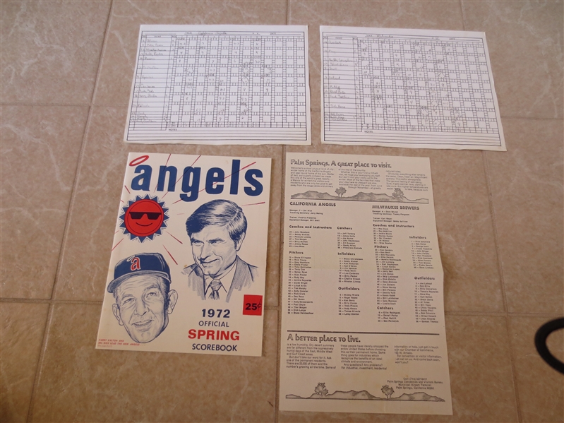 1972 California Angels Spring Training program with roster sheet and score sheets
