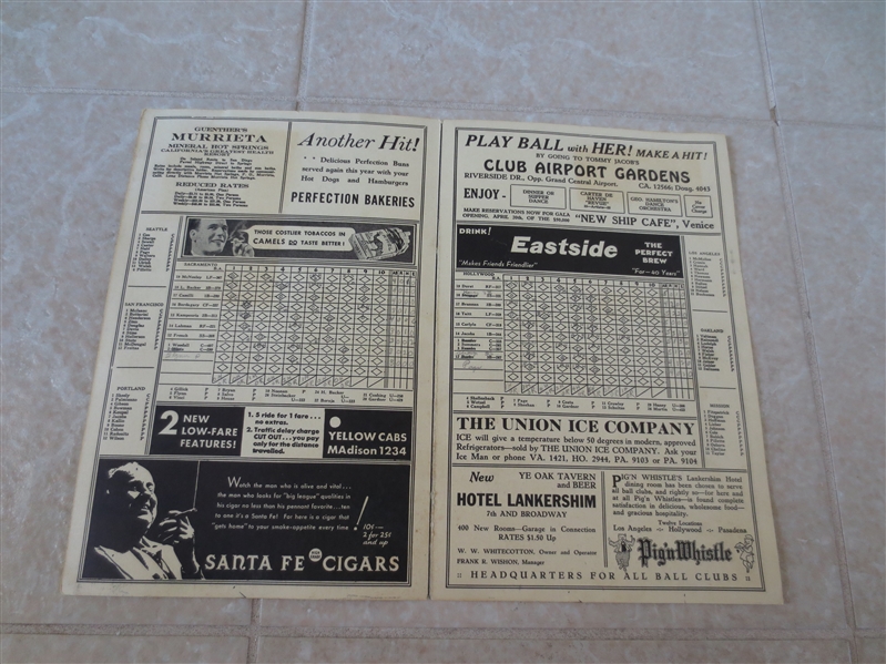1933 Sacramento at Hollywood Pacific Coast League scorecard