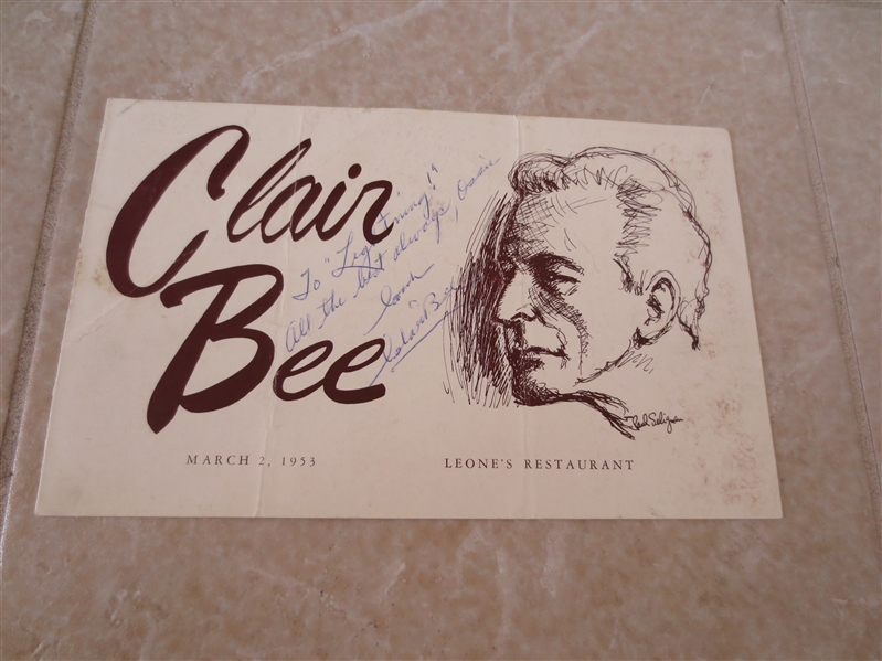 Autographed Claire Bee restaurant menu Basketball Hall of Fame