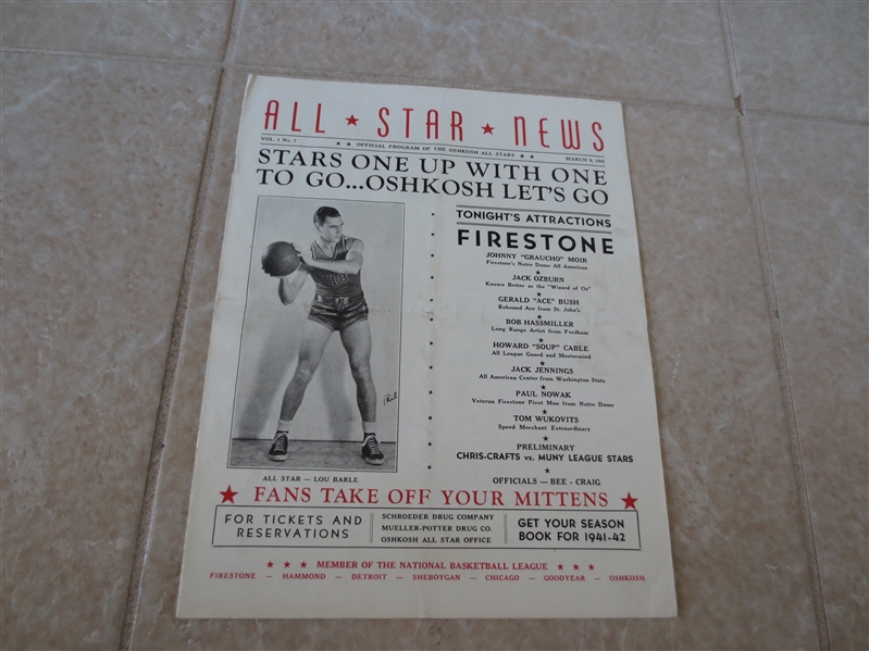1941 Firestone at Oshkosh All Stars NBL program with autographs