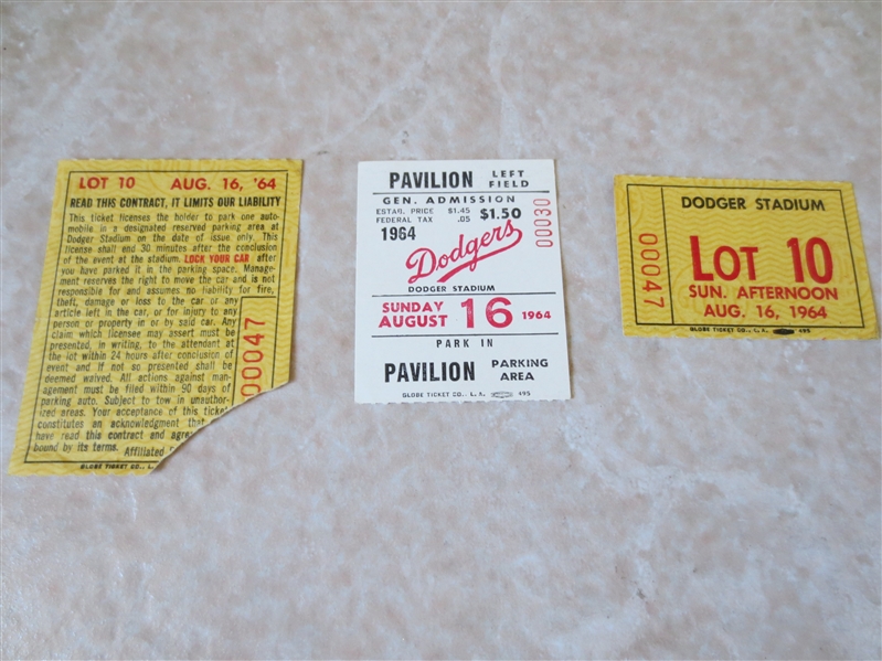 8-16-1964 Sandy Koufax win ticket stub St. Louis Cards at Los Angeles Dodgers + parking