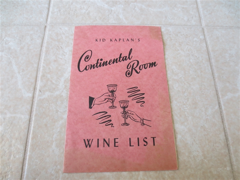 1947 Kid Kaplan's Continental Room Wine List Boxing Great  Hartford, CT