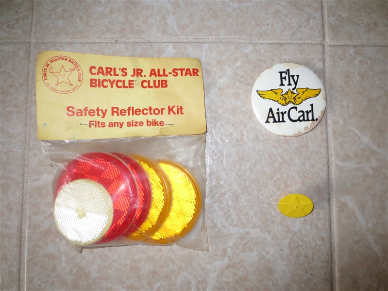 1970's Carl's Jr. Restaurants Bicycle Reflector Kit, button and spinner