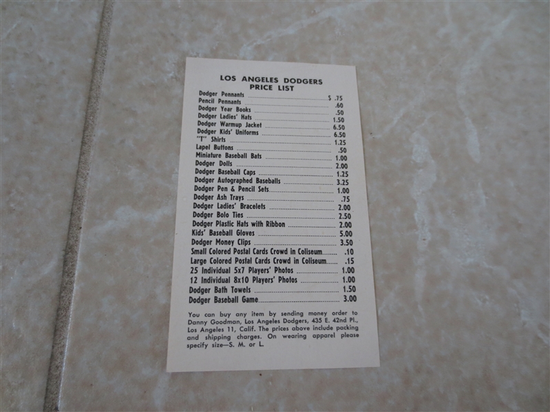 1958 Los Angeles Dodgers price list Danny Goodman souvenirs 1st year RARE!