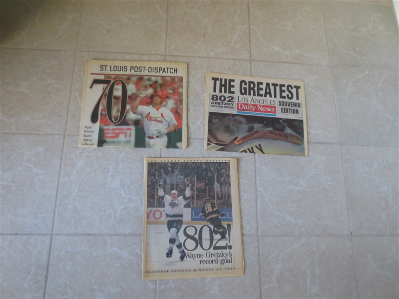 Gretzky gets record 802nd Goal newspapers + McGwire hits 70th home run newspaper