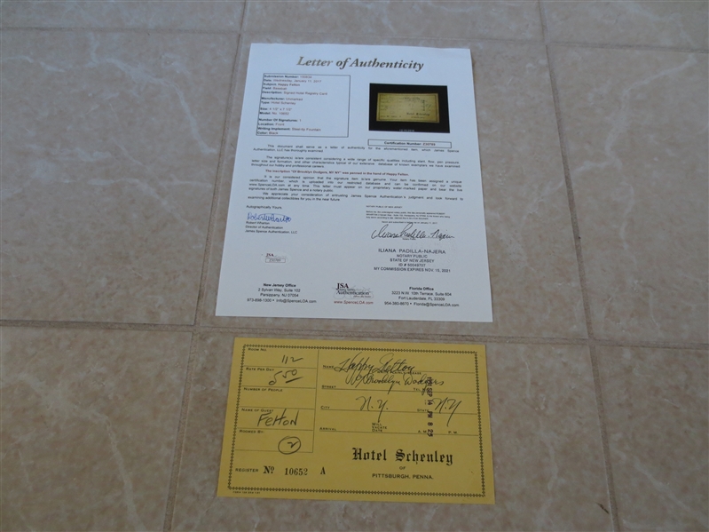 Autographed Happy Felton Brooklyn Dodgers Hotel Registry Card with JSA cert