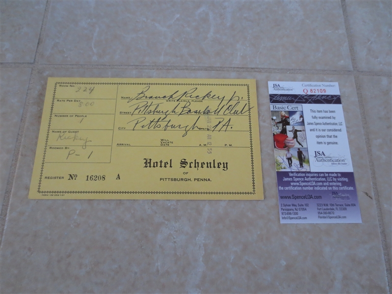 Autographed Branch Rickey Jr. Pittsburgh Pirates Hotel Registry Card with JSA Cert