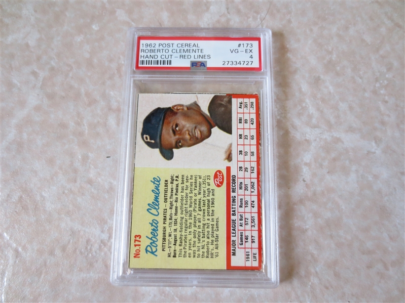 1962 Post Cereal Roberto Clemente PSA 4 vg-ex  #173  hand cut, red lines  NICE COLOR
