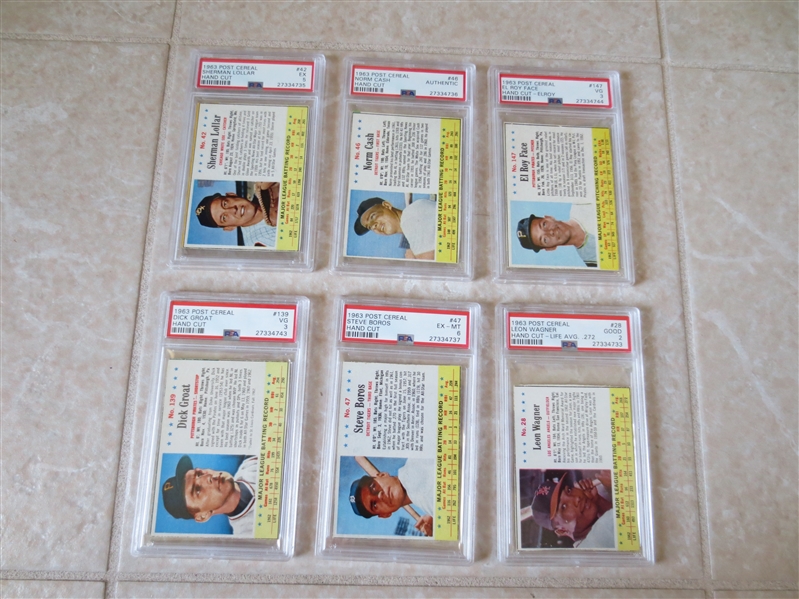 (6) 1963 Post Cereal PSA Graded baseball cards: Wagner, Face, Groat, Lollar, Boros, Cash