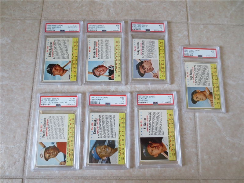 (7) 1963 Post Cereal baseball cards All Hall of Famers and all PSA Graded Berra, Banks, +