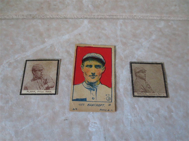 (2) 1909-10 W555 Plank and Tinker + 1921 W516-2-1 George Bancroft baseball cards