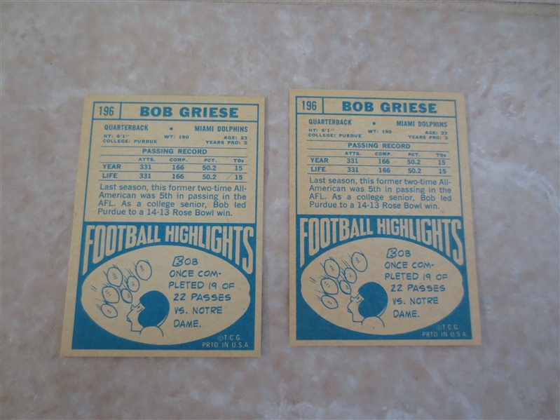 (2) 1968 Topps Bob Griese rookie football cards #196