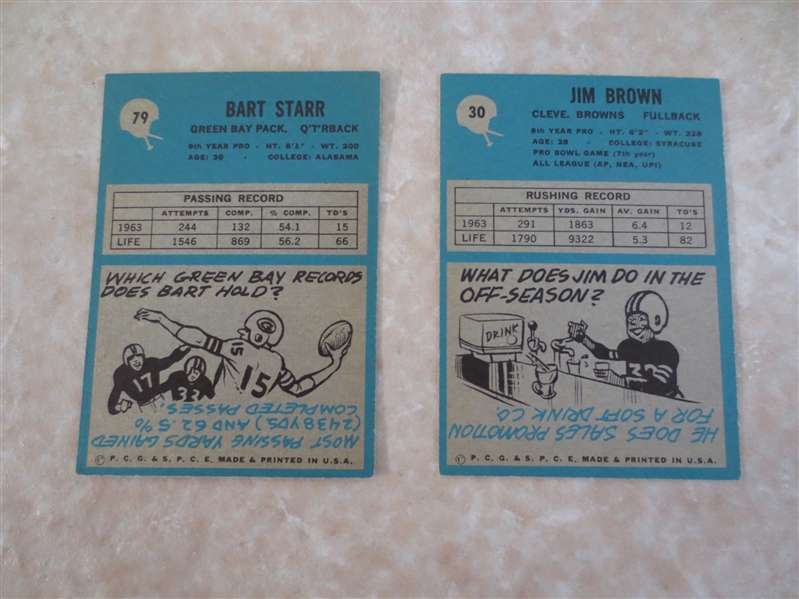1964 Philadelphia football cards Bart Starr #79 and Jim Brown #30