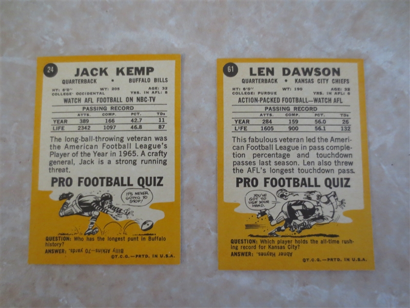 1967 Topps Jack Kemp #24 and Len Dawson #61 football cards   super condition