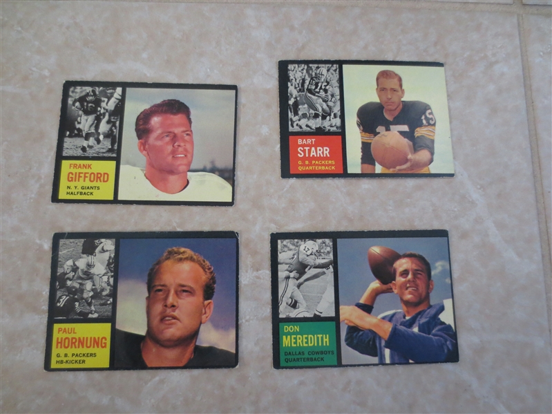 (4) 1962 Topps Hall of Famer football cards: Starr, Hornung, Meredith, Gifford