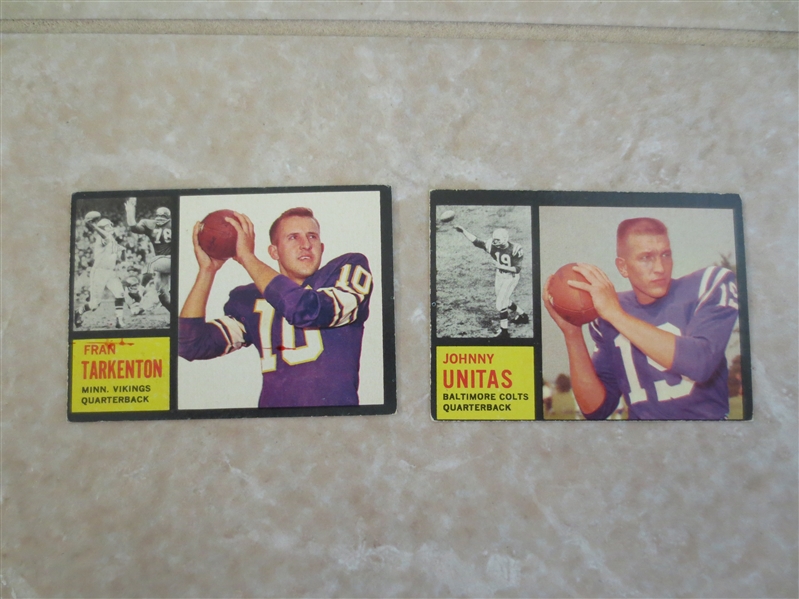 1962 Topps football cards Fran Tarkenton rookie #90 and Johnny Unitas #1