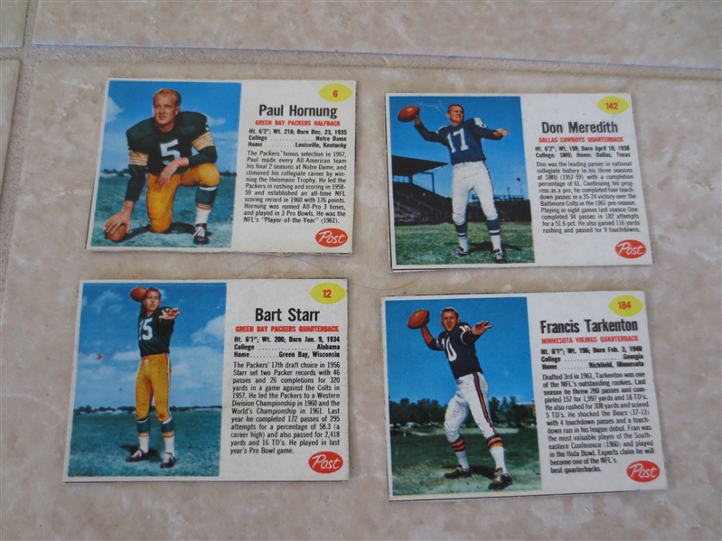 1962 Post Cereal football cards: Don Meredith, Paul Hornung, Bart Starr, and Fran Tarkenton