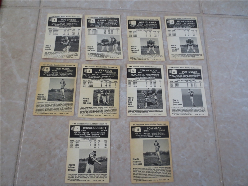 (10) 1974 Wonder Bread football cards with (2) Griese, Csonka, Mack, (2) Lanier, +