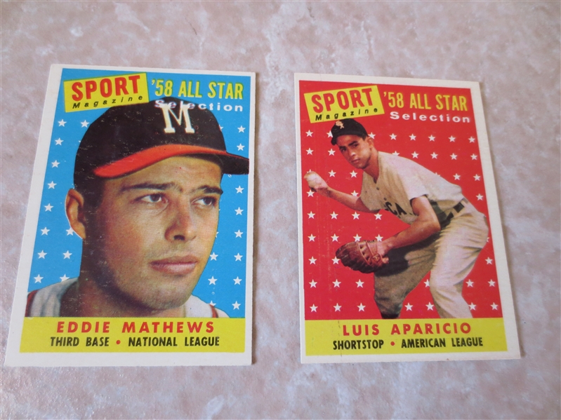 (2) 1958 Topps All Stars Baseball cards: Eddie Mathews #480 and Luis Aparicio #483