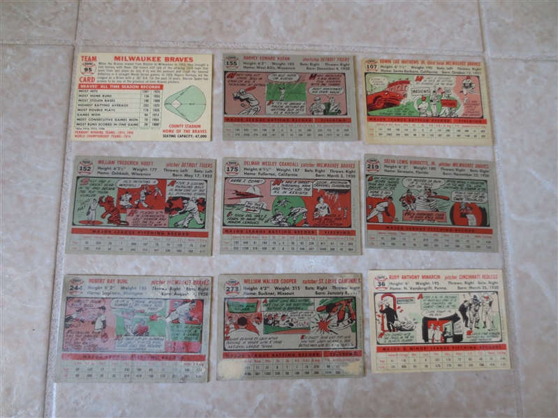 (9) 1956 Topps baseball cards including Ed Mathews #107, Lew Burdette, and Braves Team