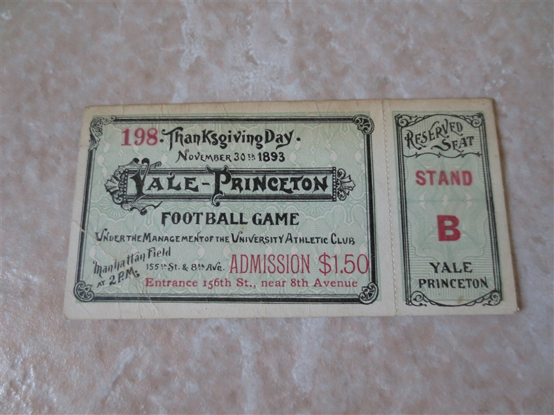 1893 Yale vs. Princeton FULL football ticket at New York City  RARE!
