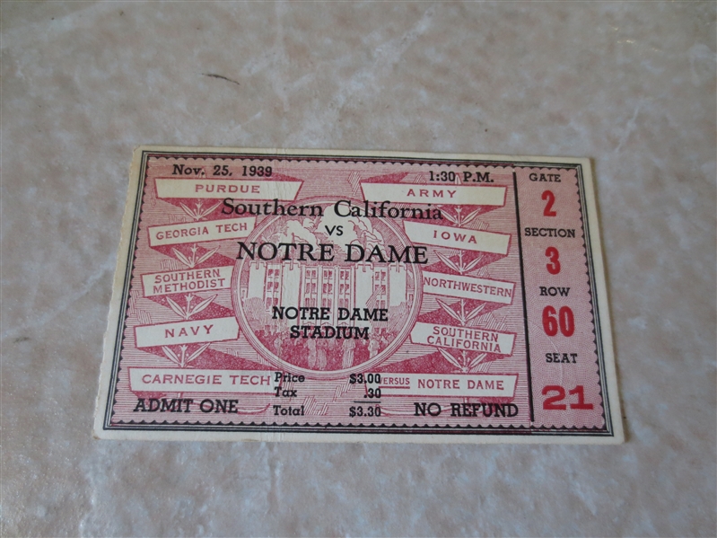 1939 USC at Notre Dame football ticket stub