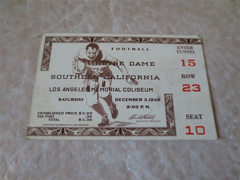 1938 Notre Dame at USC football ticket stub