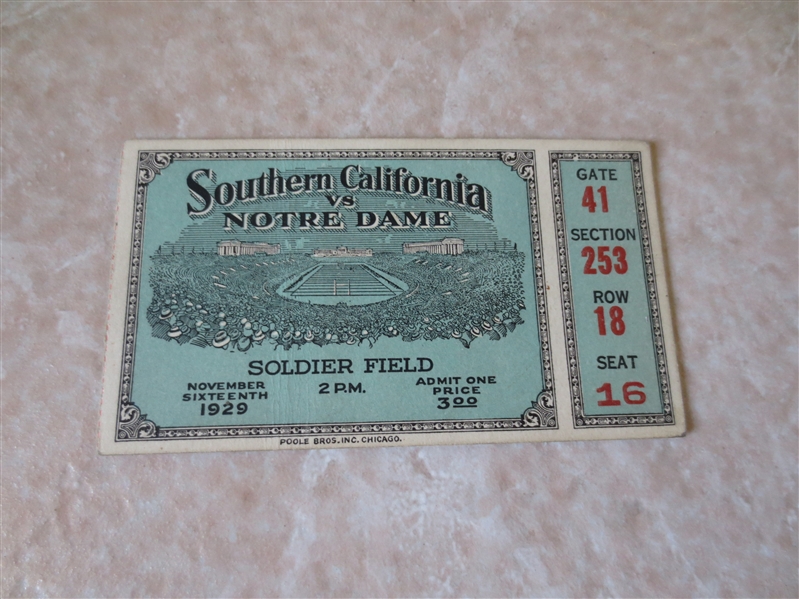 1929 USC vs. Notre Dame football ticket stub  Played at Soldier Field
