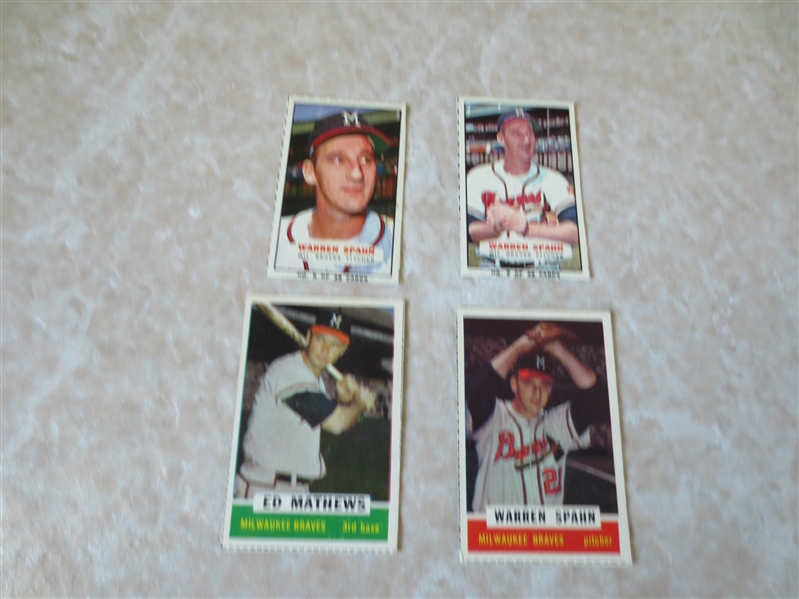 (3) different 1960's Bazooka Warren Spahn baseball cards + one Eddie Mathews