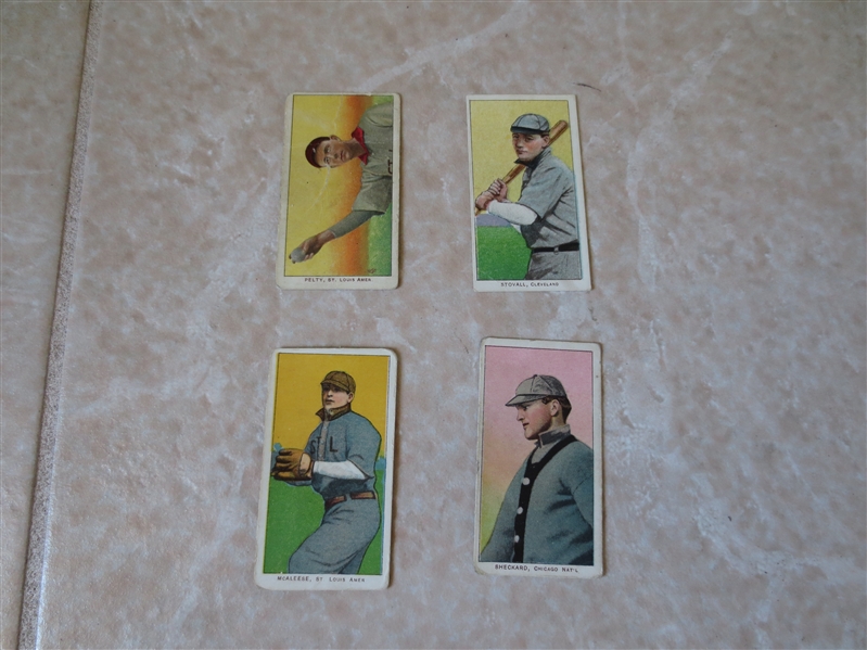 (4) 1909-11 T206 baseball cards:  Stovall (Sovereign back), Sheckard, Pelty, McAleese 