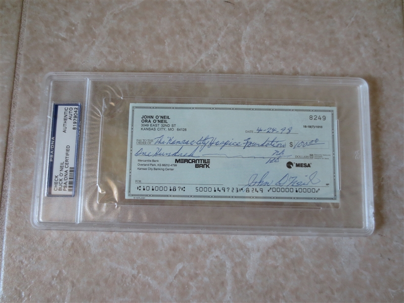 Autographed Buck O'Neil check PSA/DNA Certified authentic