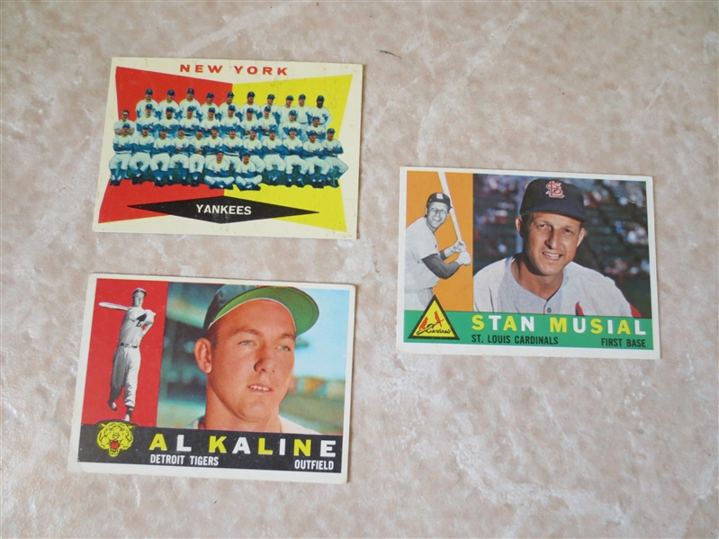 (3) 1960 Topps Baseball Cards: Musial #250, Kaline #50, Yankees team #332 