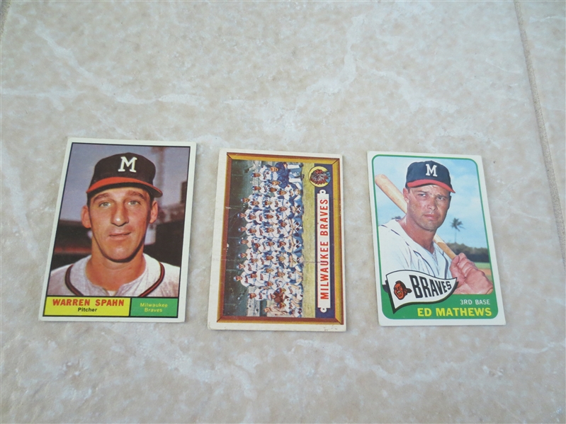 (3) Milwaukee Braves HOFer Topps baseball cards:  1958 Team, 1961 Spahn, and 1965 Mathews
