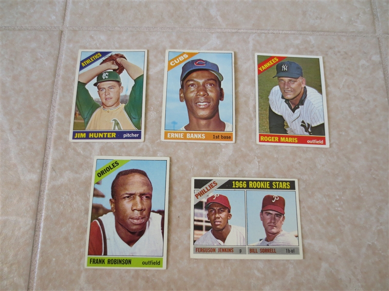 (5) 1966 Topps HOFers baseball cards:  Jenkins rookie, Banks, Maris, Hunter, Frank Robinson