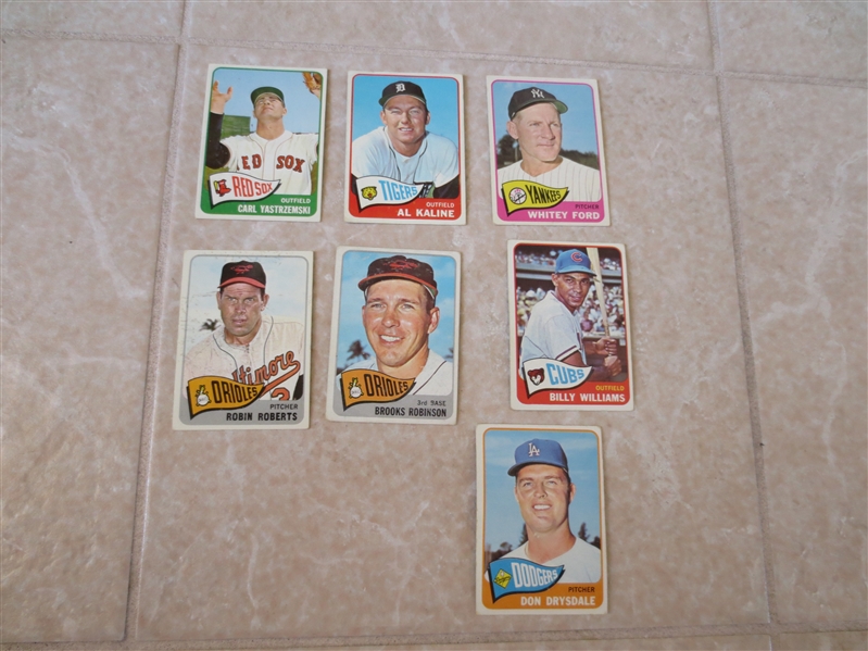 (7) 1965 Topps Hall of Famer baseball cards: Yaz, Drysdale, Williams, Kaline, Robinson, Roberts