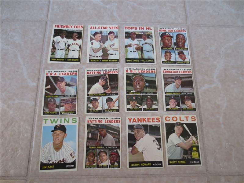 (12) 1964 Topps Leaders, Hall of Famers, and stars baseball cards
