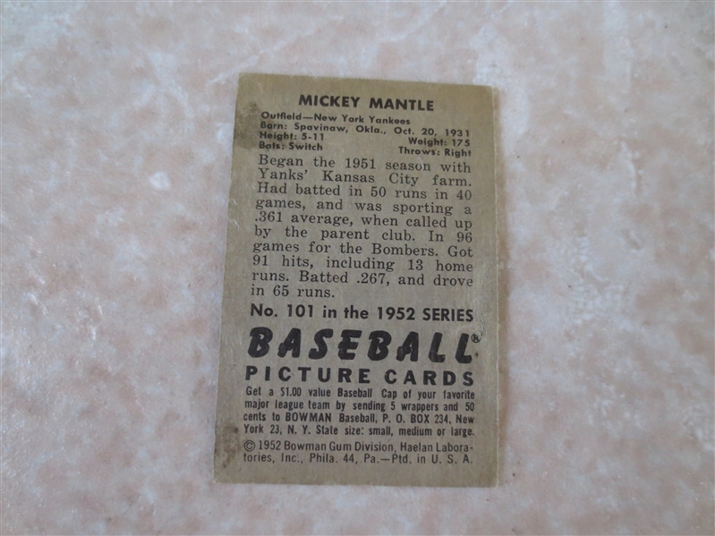 1952 Bowman Mickey Mantle baseball card #101  Nice shape!