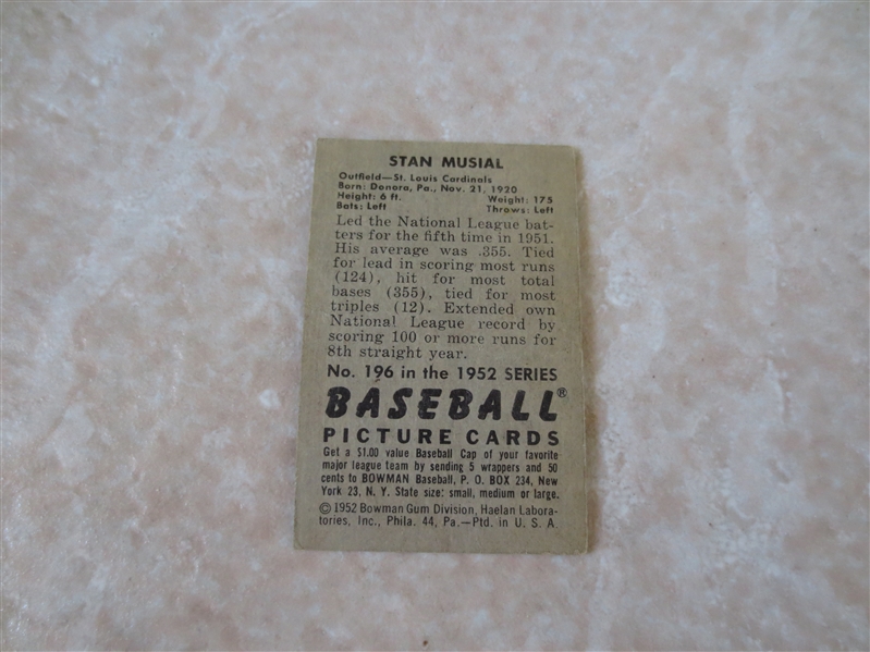 1952 Bowman Stan Musial baseball card #196  Nice color and clean back!