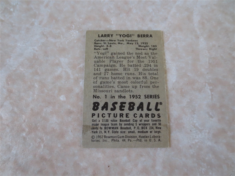 1952 Bowman Yogi Berra #1 baseball card  Very nice shape for 1st card in the set!