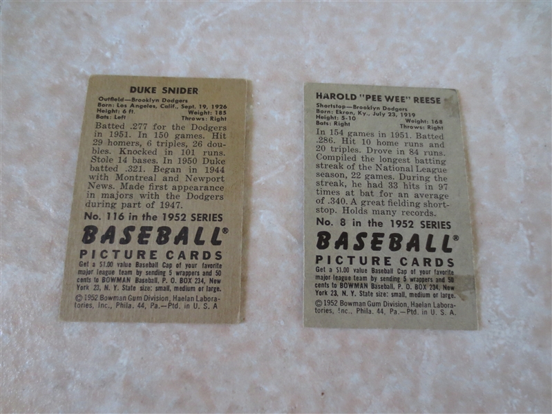 1952 Bowman Pee Wee Reese #8 and Duke Snider #116 baseball cards