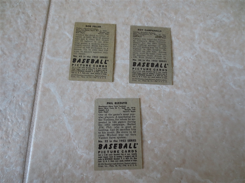 (3) 1952 Bowman Hall of Famers baseball cards: Bob Feller #43, Roy Campanella #44, and Phil Rizzuto #52